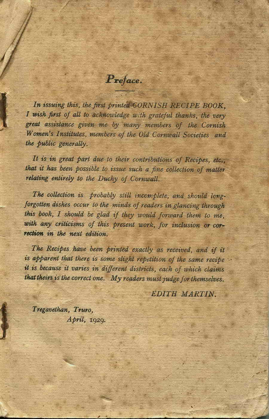 Preface to the 1929 first printed Cornish recipe book