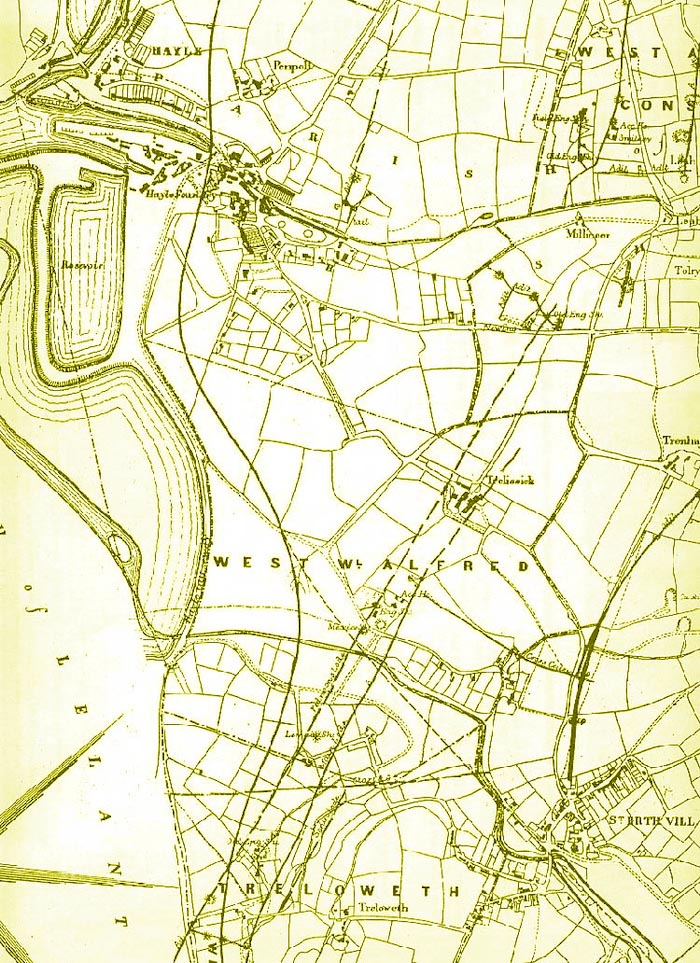 Old mining map of the Hayle area, showing Penpoll, Millineer, Trelissick etc