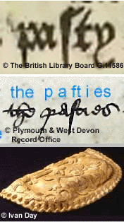 Above: William Caxton's printed "pafty" from Geoffrey Chaucer. Centre: "the pafties" written in 1510 AD. Below: The first (?) D-shaped pasty, designed by Edward Kidder i n 1720 AD